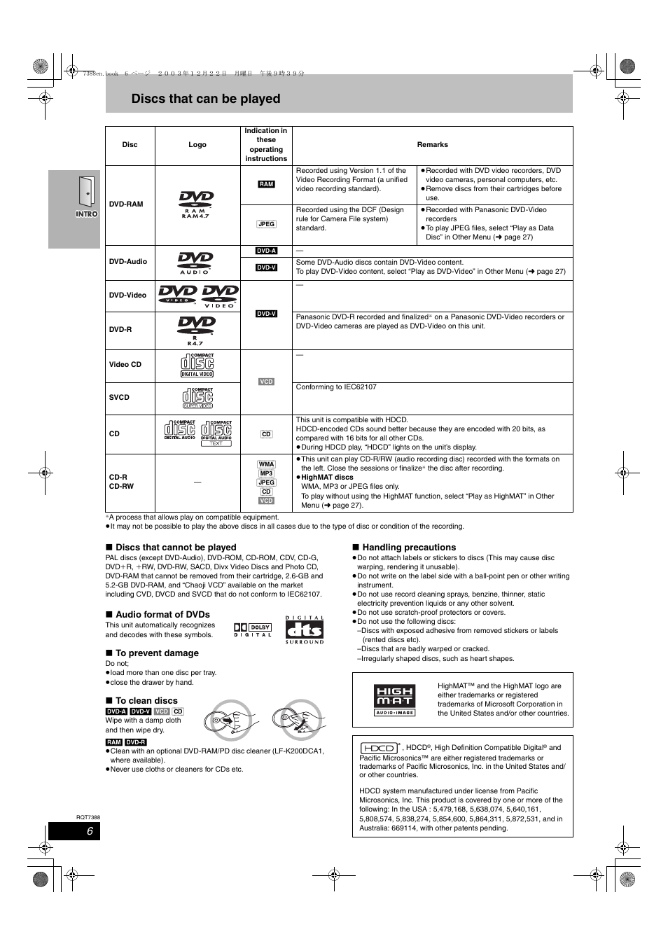 Disc that can be played, Discs that can be played | Panasonic SC-HT820V User Manual | Page 6 / 56