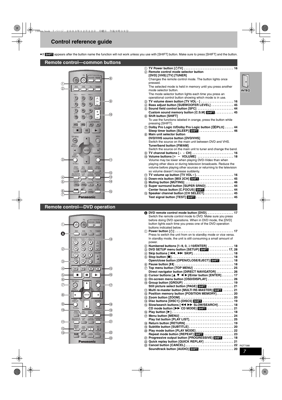 Control reference guide, Remote control—common buttons, Remote control—dvd operation | Panasonic SC-HT820V User Manual | Page 7 / 56