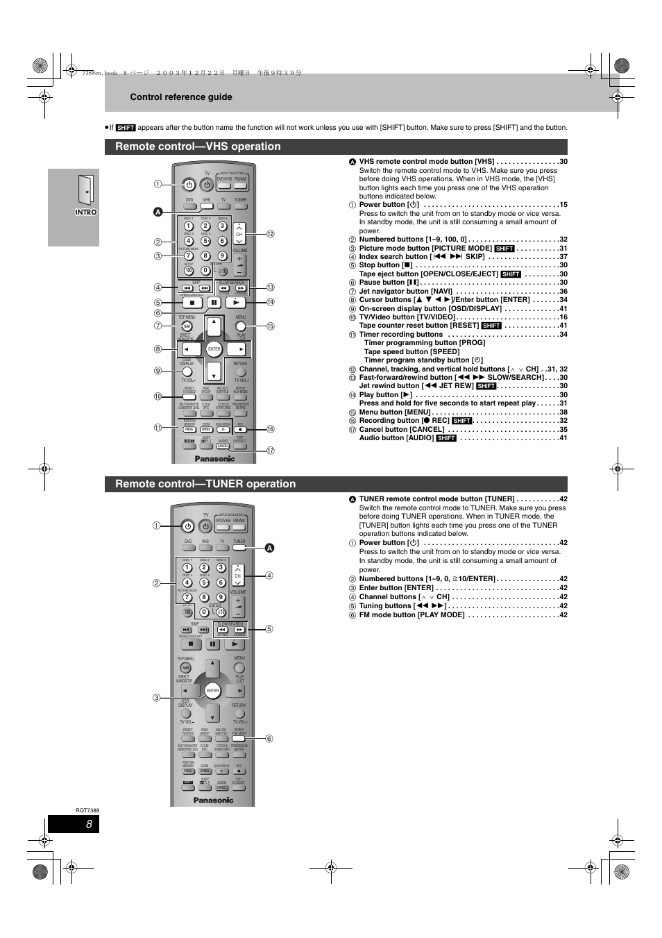 Remote control—vhs operation, Remote control—tuner operation, Control reference guide | Panasonic SC-HT820V User Manual | Page 8 / 56