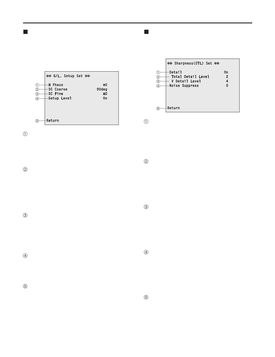 Setting the menu items, Genlock/color bar setting menu, Sharpness setting menu (user mode only) | Panasonic AW-HE100N User Manual | Page 49 / 64