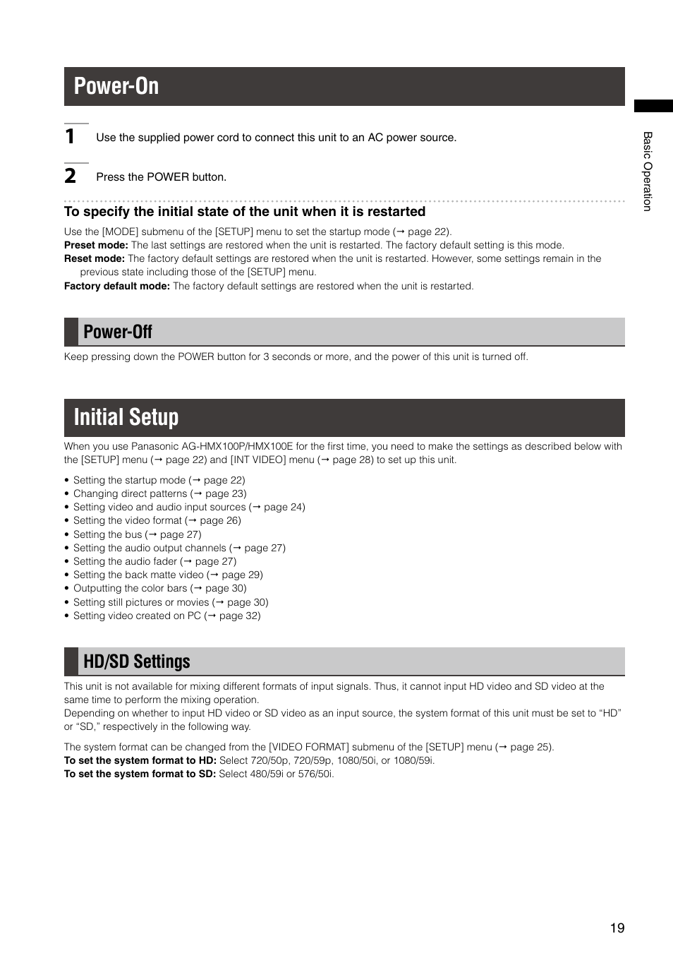 Power-on, Power-off, Initial setup | Hd/sd settings, Power-on 1 | Panasonic AG-HMX100E User Manual | Page 19 / 48