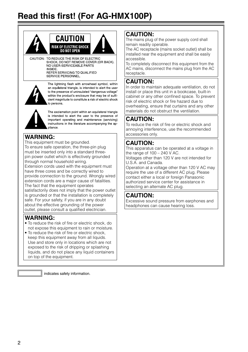 Read this first! (for ag-hmx100p), Warning, Caution | Panasonic AG-HMX100E User Manual | Page 2 / 48