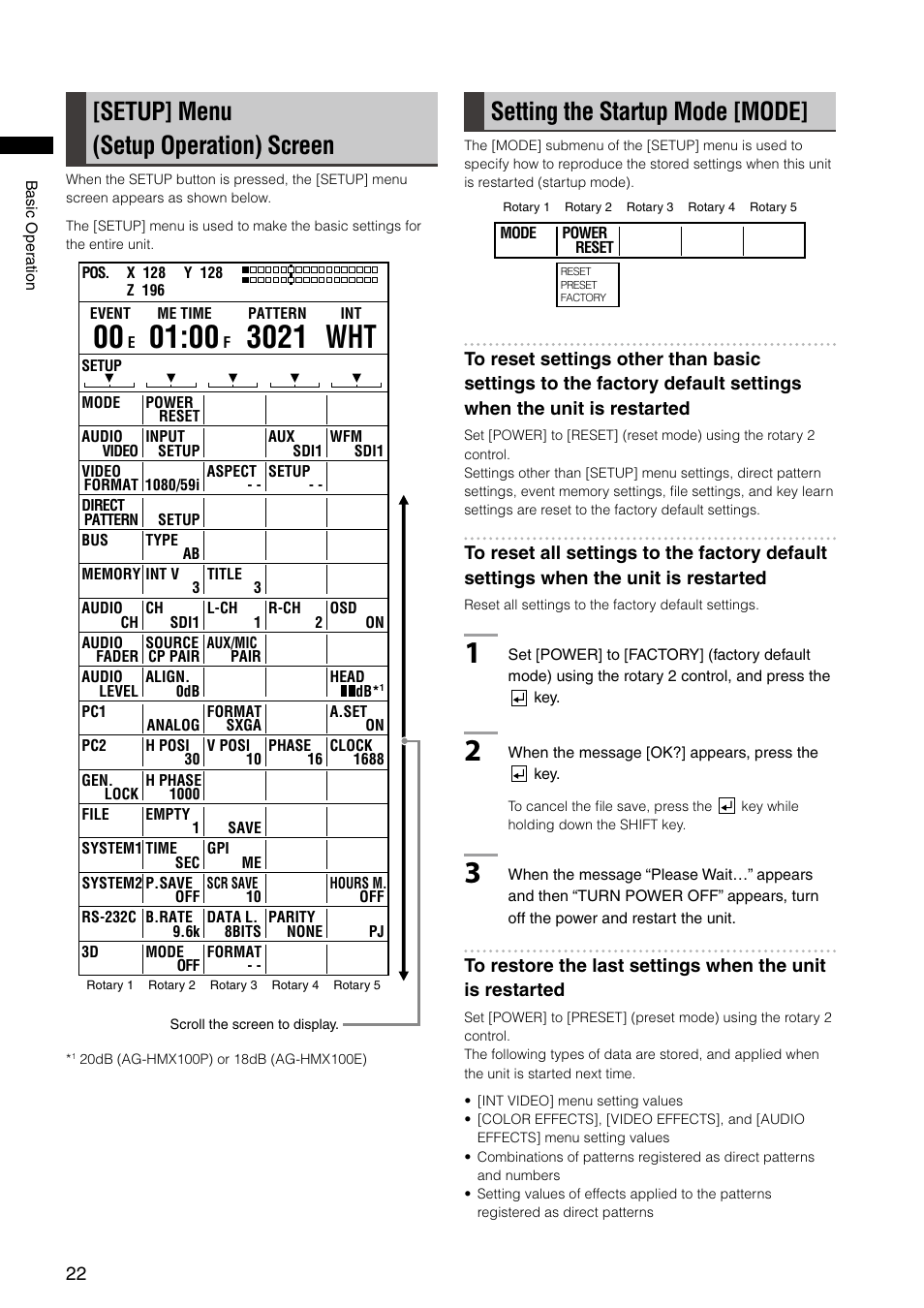 Setup] menu (setup operation) screen, Setting the startup mode [mode, 3021 wht | Panasonic AG-HMX100E User Manual | Page 22 / 48