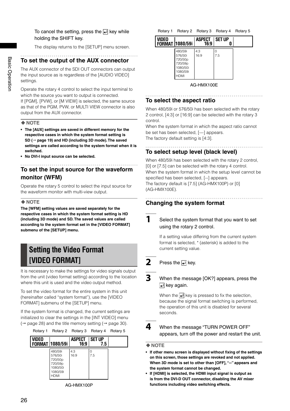 Setting the video format [video format, Changing the system format | Panasonic AG-HMX100E User Manual | Page 26 / 48