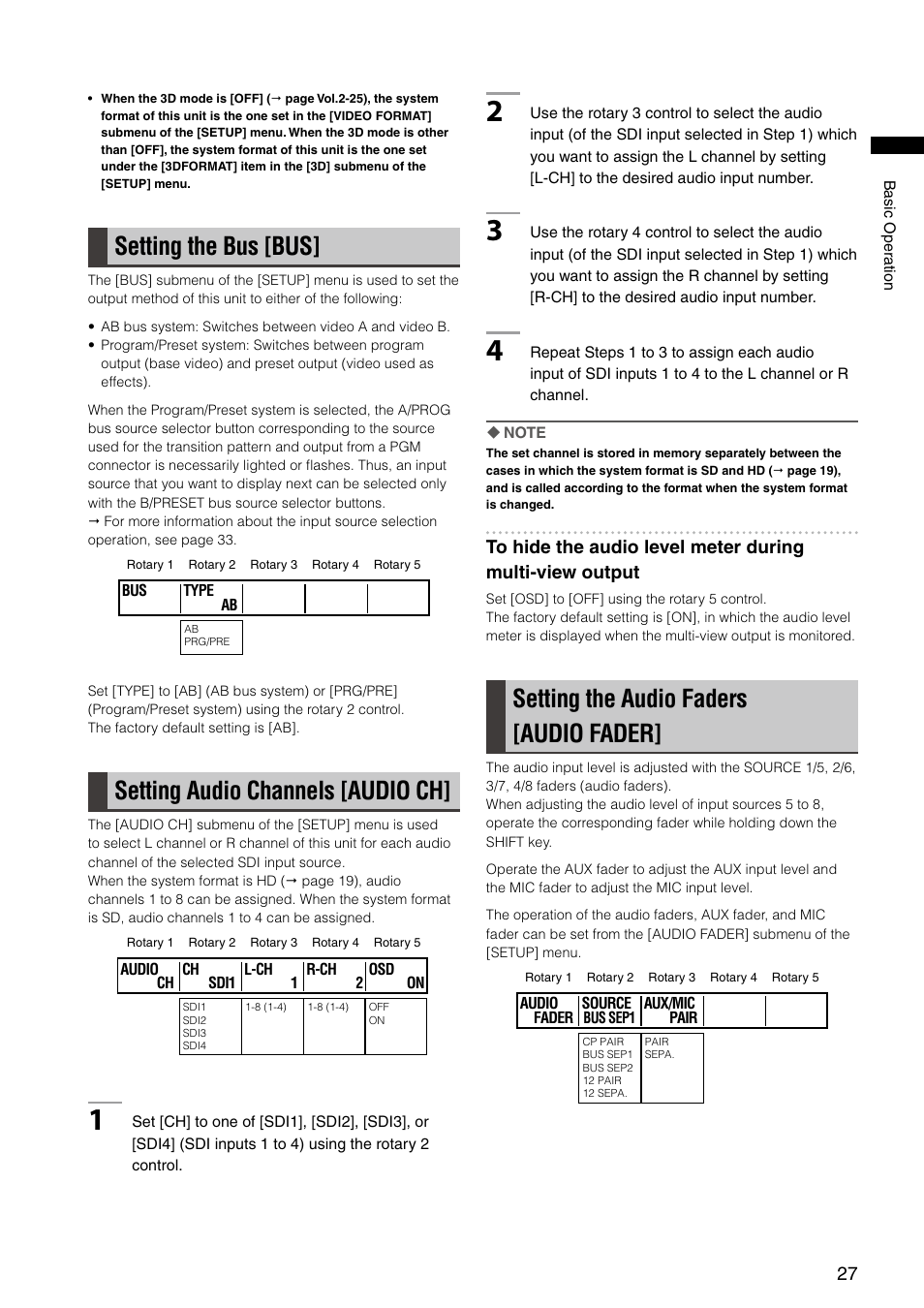 Setting the bus [bus, Setting audio channels [audio ch, Setting the audio faders [audio fader | Panasonic AG-HMX100E User Manual | Page 27 / 48