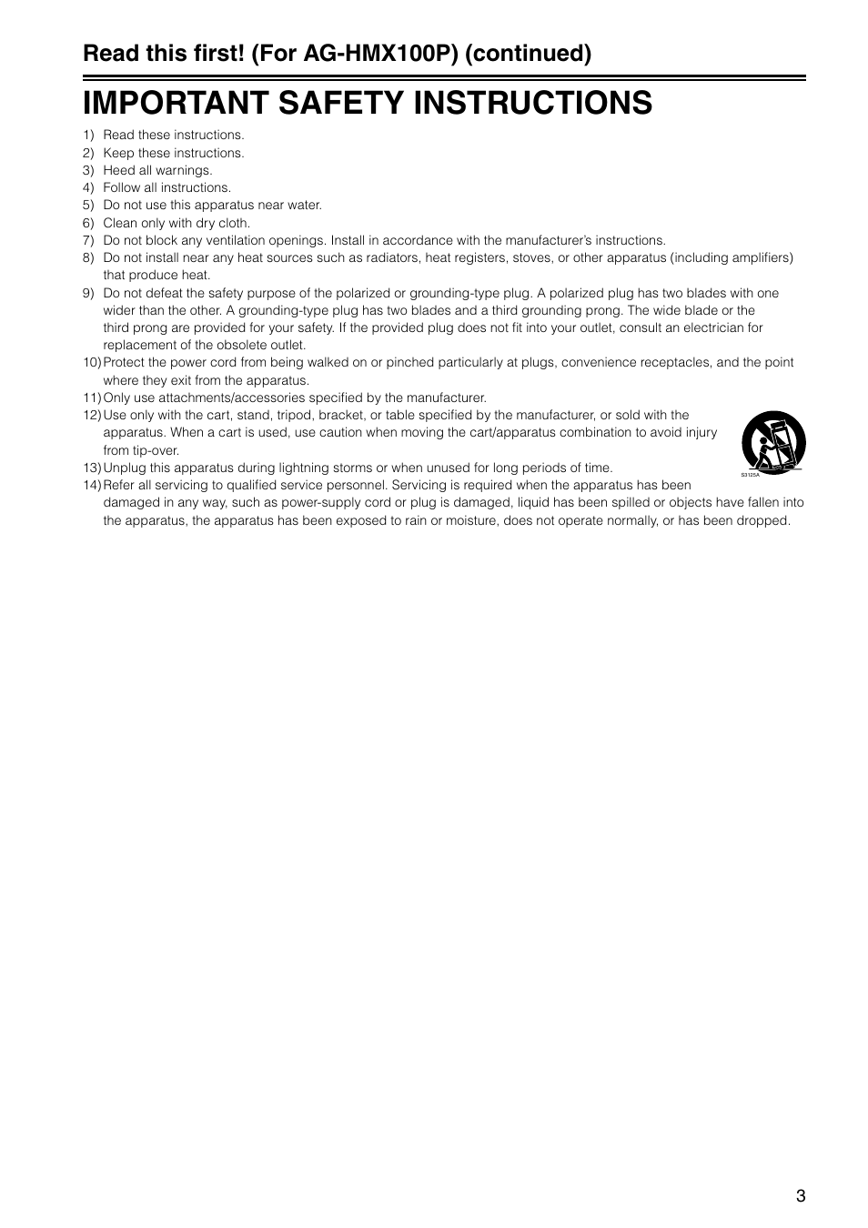 Important safety instructions, Read this first! (for ag-hmx100p) (continued) | Panasonic AG-HMX100E User Manual | Page 3 / 48