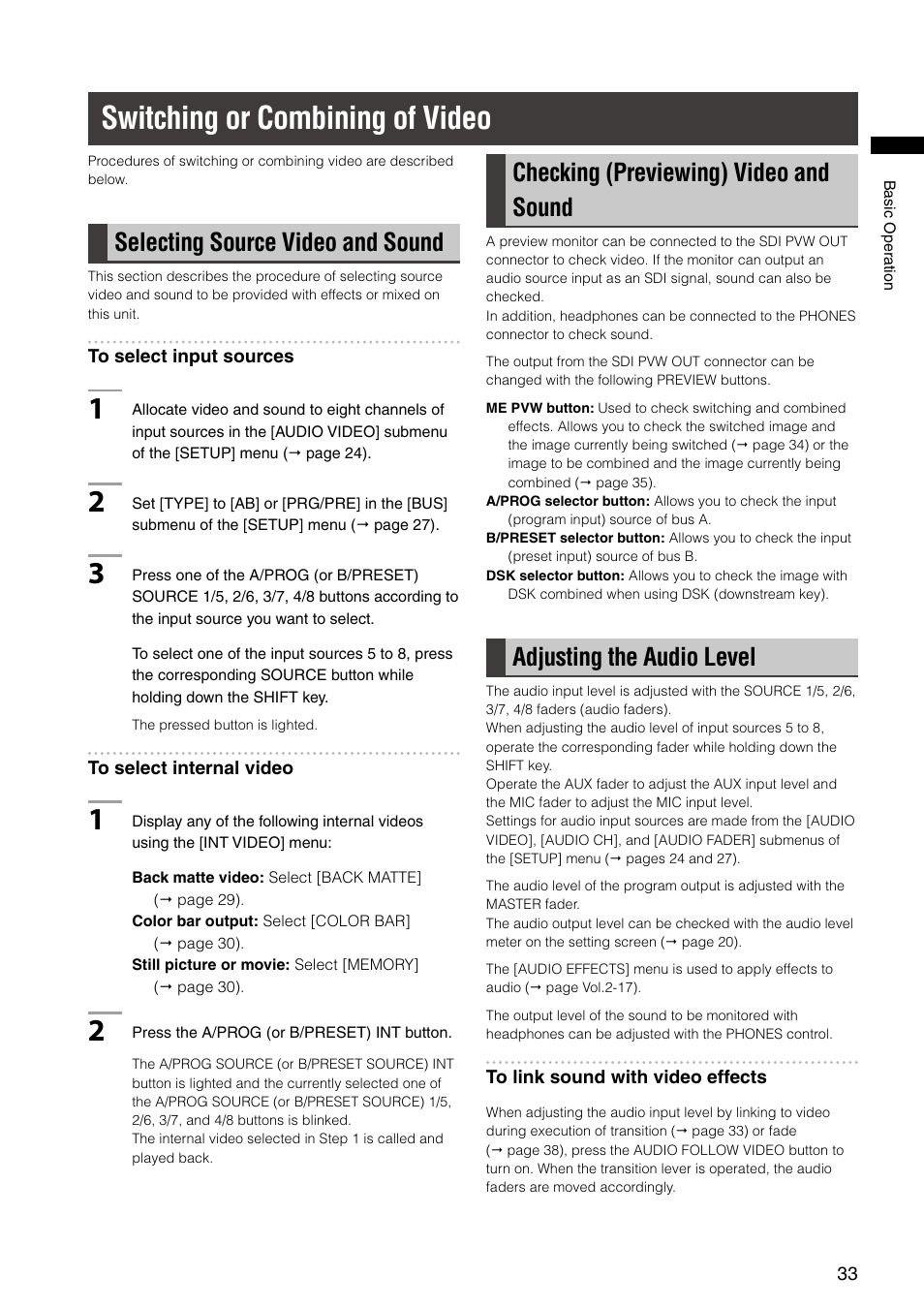 Switching or combining of video, Selecting source video and sound, Checking (previewing) video and sound | Adjusting the audio level | Panasonic AG-HMX100E User Manual | Page 33 / 48