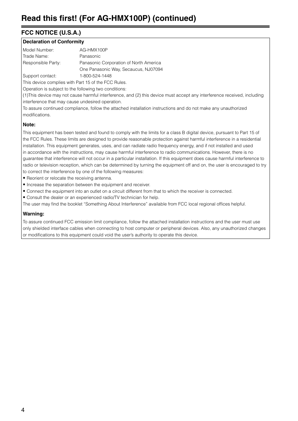 Read this first! (for ag-hmx100p) (continued), 4fcc notice (u.s.a.) | Panasonic AG-HMX100E User Manual | Page 4 / 48