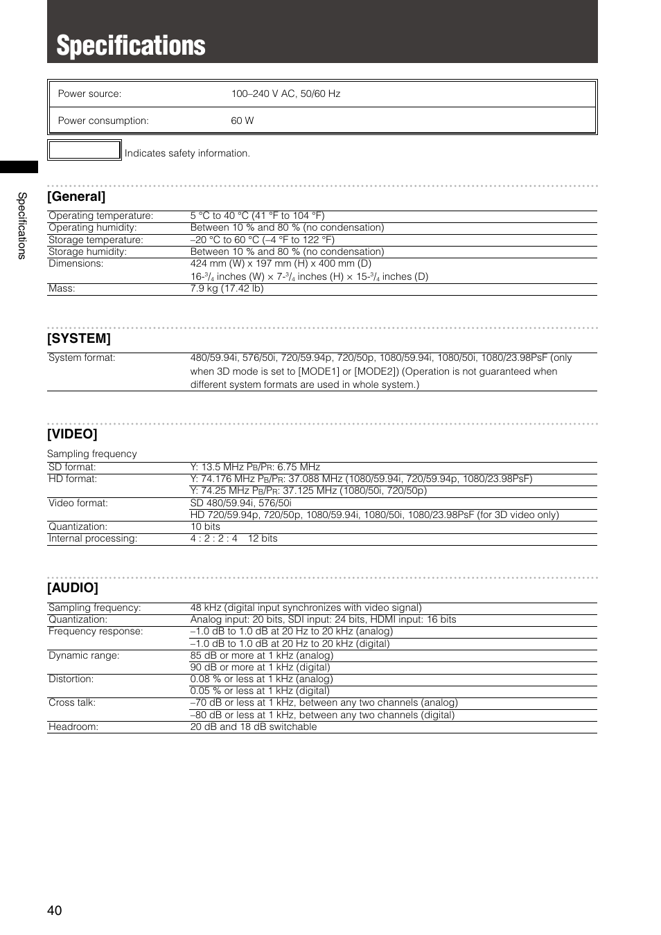 Specifications, General, System | Video, Audio | Panasonic AG-HMX100E User Manual | Page 40 / 48