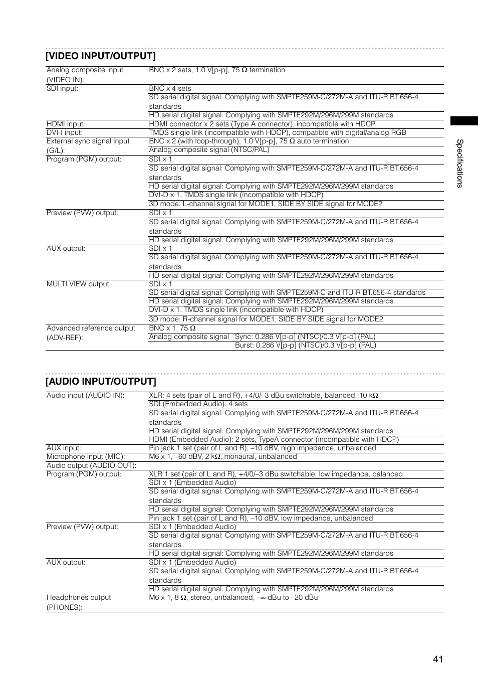 Video input/output, Audio input/output | Panasonic AG-HMX100E User Manual | Page 41 / 48