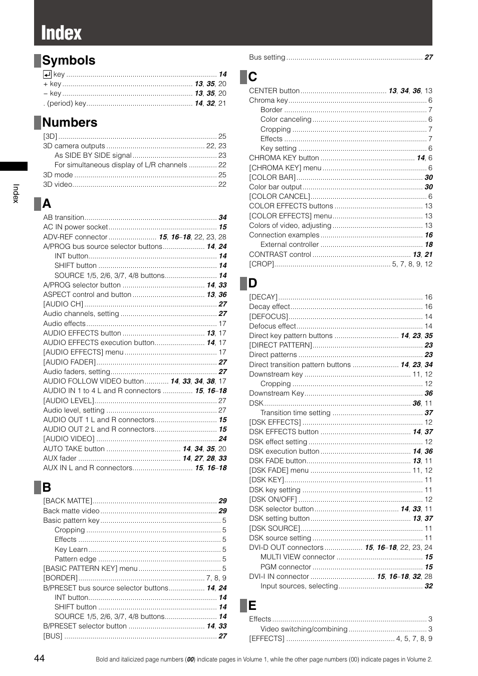 Index, Symbols, Numbers | Panasonic AG-HMX100E User Manual | Page 44 / 48