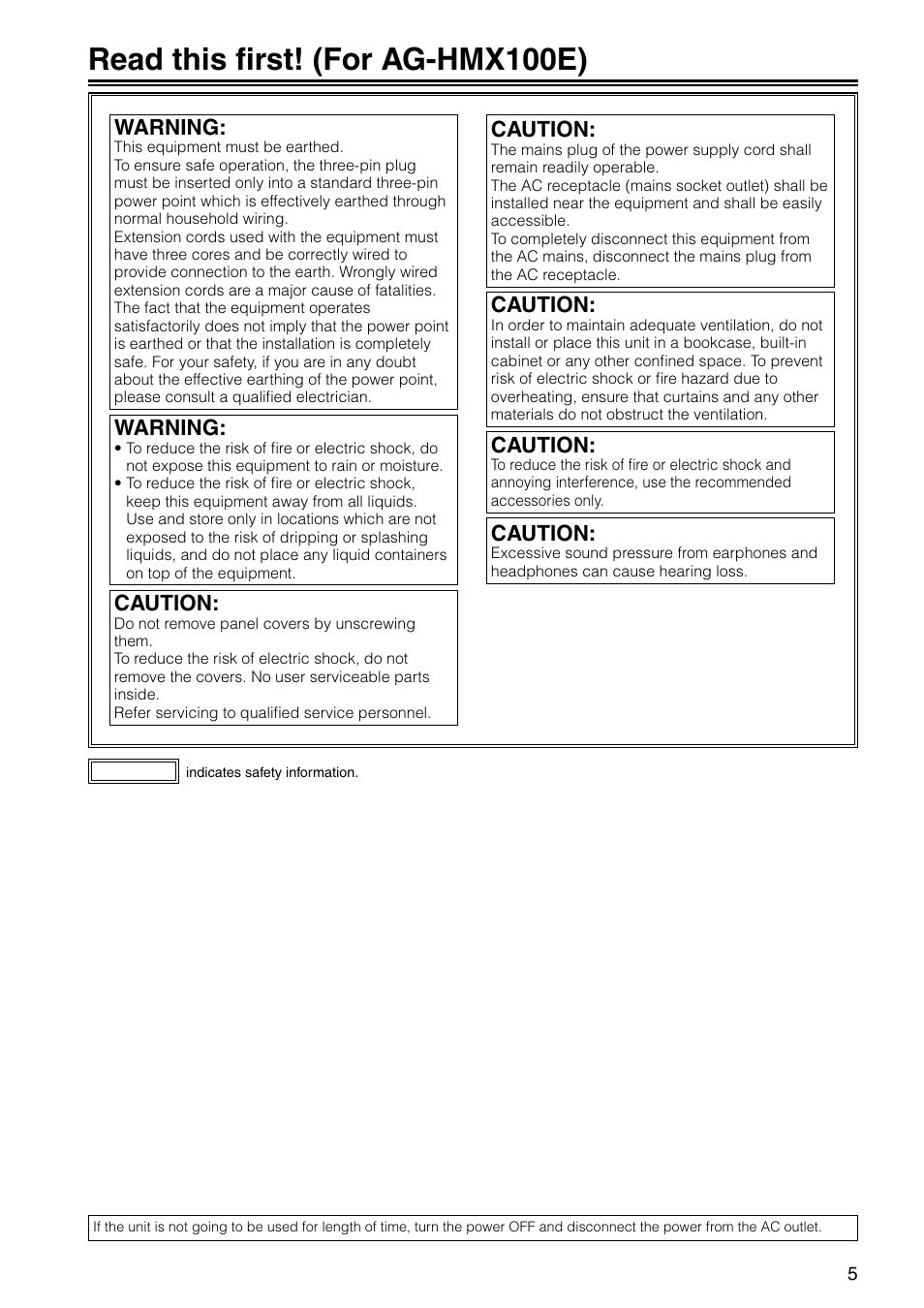 Read this first! (for ag-hmx100e), Warning, Caution | Panasonic AG-HMX100E User Manual | Page 5 / 48