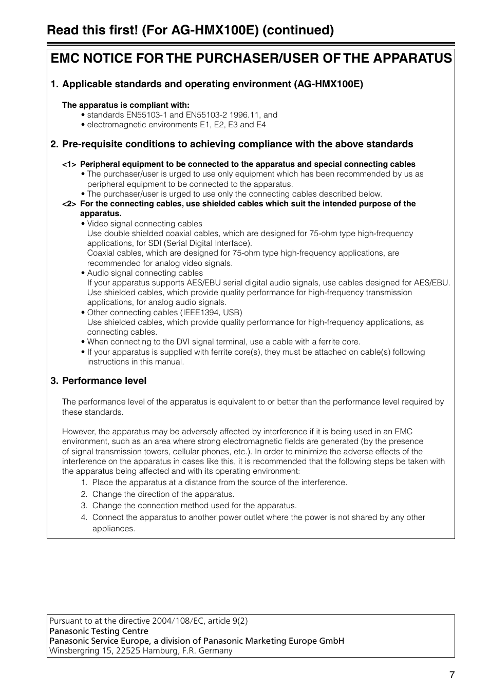 Emc notice for the purchaser/user of the apparatus, Read this first! (for ag-hmx100e) (continued) | Panasonic AG-HMX100E User Manual | Page 7 / 48