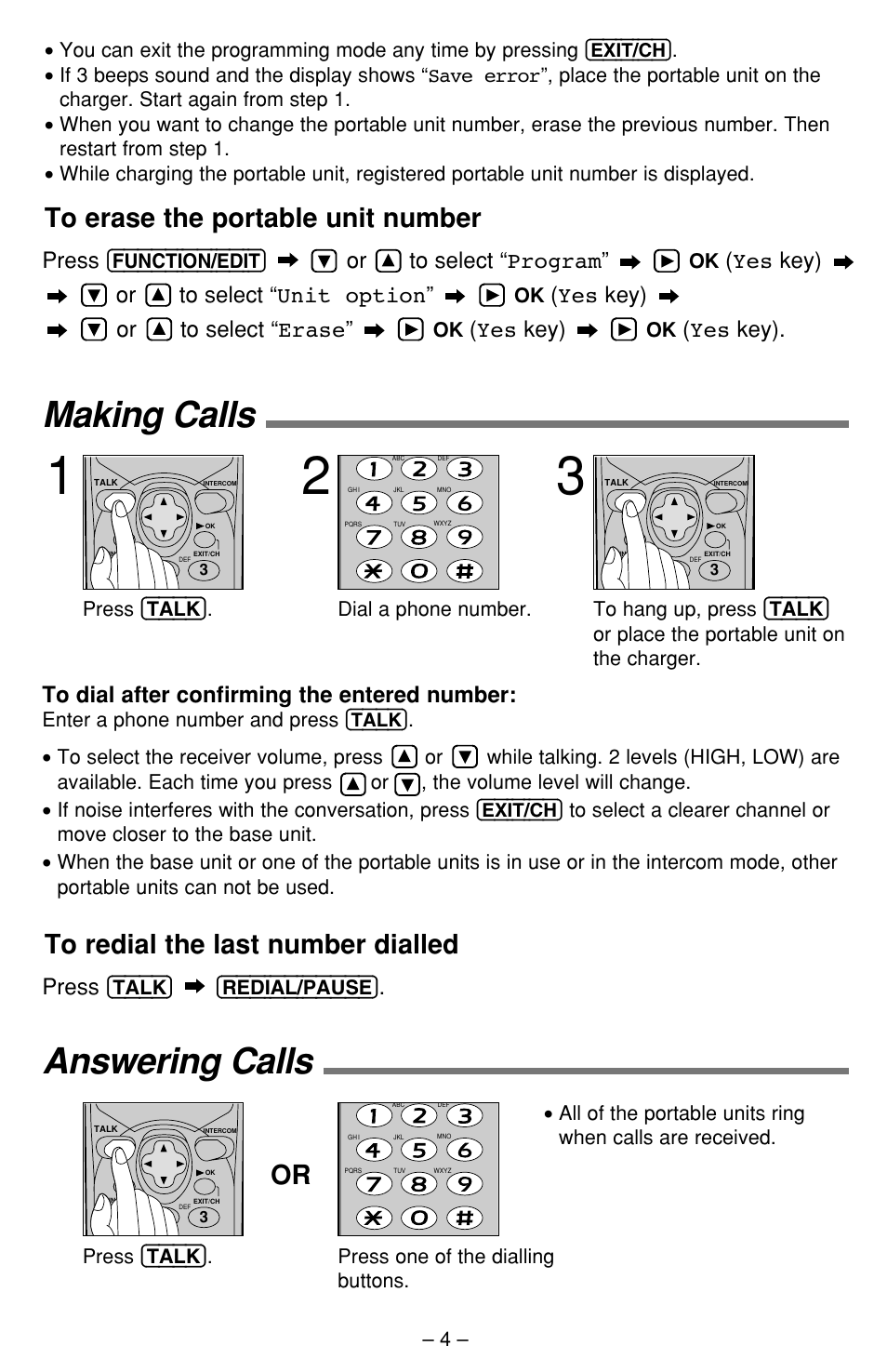 Making calls, Answering calls, Press | Or to select “ program, Yes key) or to select “ unit option, Yes key) or to select “ erase, Yes key) | Panasonic KX-TCA391ALN User Manual | Page 4 / 10