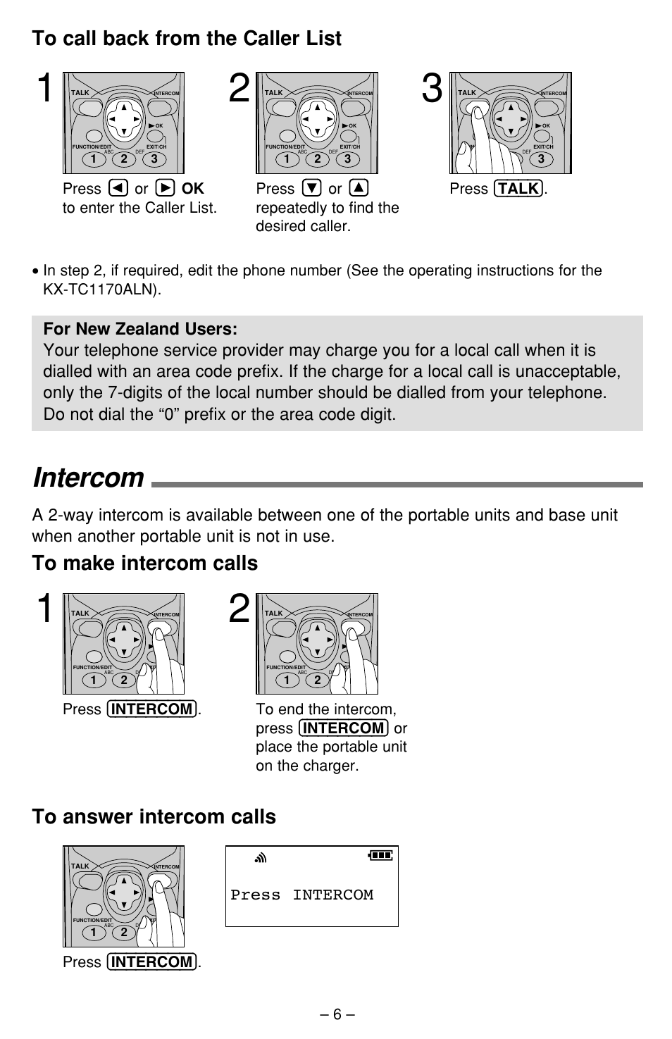 Intercom, Press intercom, Press (intercom) | Press or ok to enter the caller list, Press or repeatedly to find the desired caller, Press (talk) | Panasonic KX-TCA391ALN User Manual | Page 6 / 10
