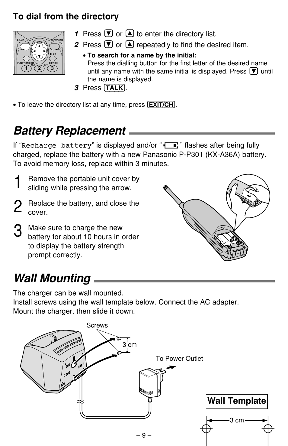 Battery replacement, Wall mounting, Wall template | Panasonic KX-TCA391ALN User Manual | Page 9 / 10