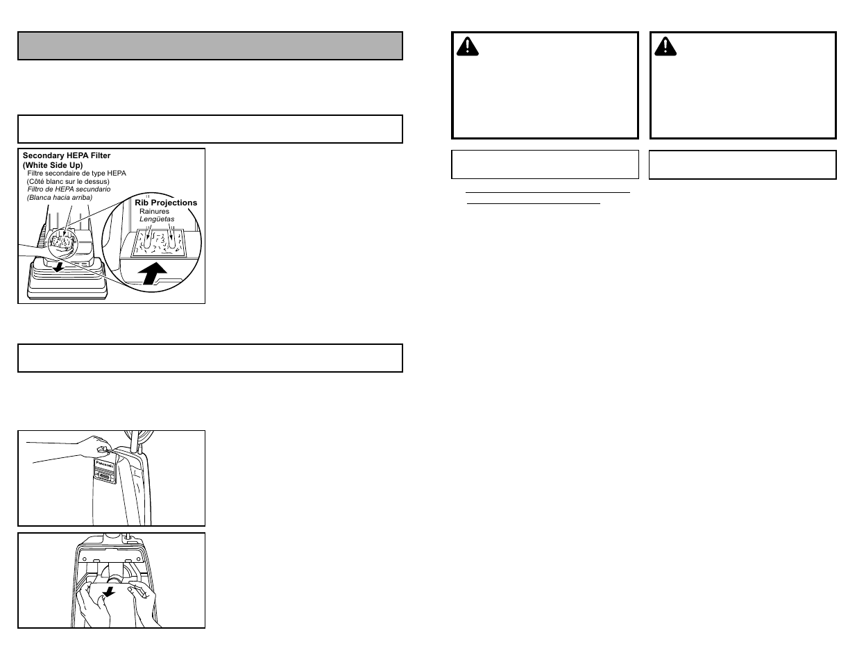 Enlevement et installation de la plaque inferieure, Cambiar y insertar de la base inferior, Avertissement | Advertencia, Routine care of cleaner, Replacing secondary hepa filter changing dust bag | Panasonic MC-V5239 User Manual | Page 25 / 44