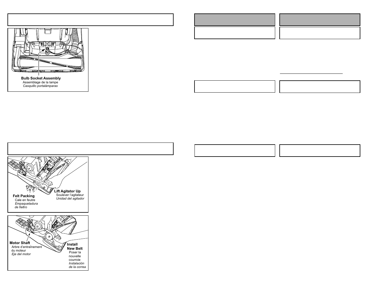 Replacing headlight bulb, Replacing belt, Para operar la aspiradora fonctionnement | Panasonic MC-V5239 User Manual | Page 26 / 44