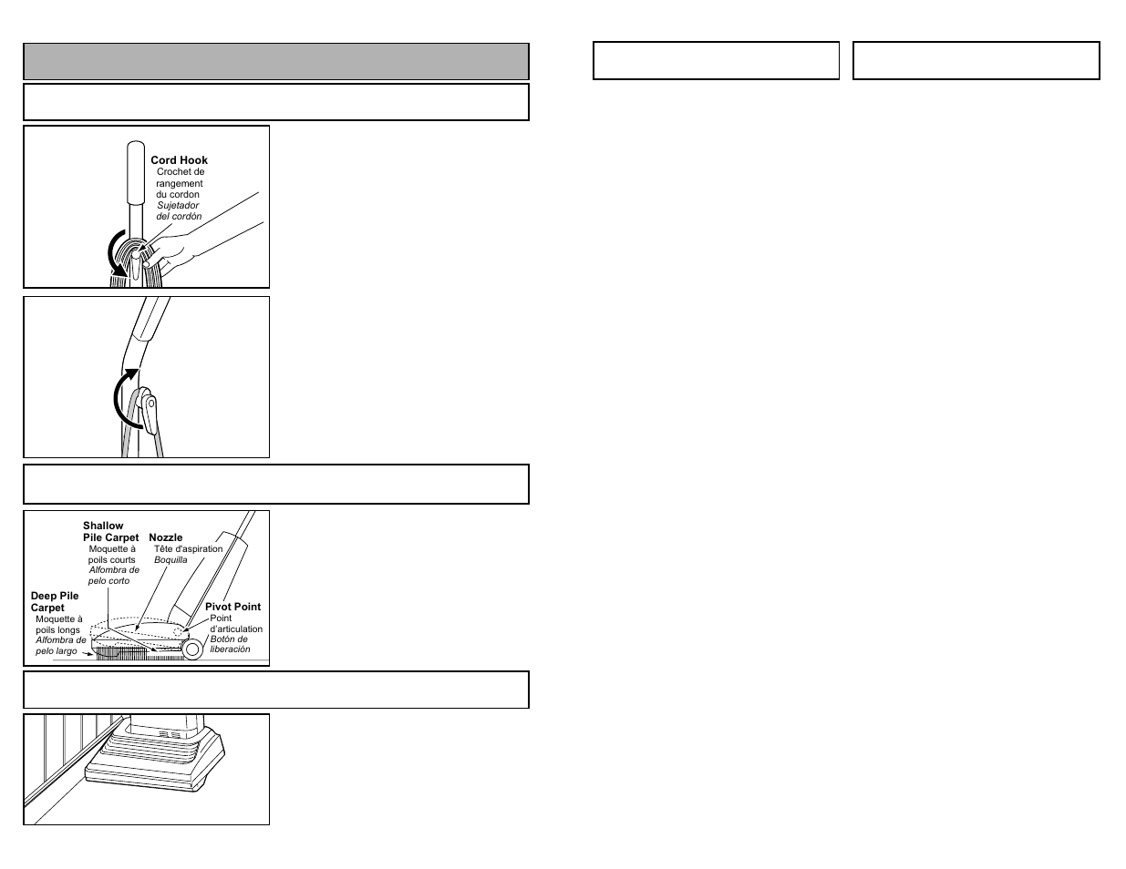 Remplacement des brosses, Cambiar los cepillos, Features | Using cord hook, Automatic self adjusting nozzle, Edge cleaning | Panasonic MC-V5239 User Manual | Page 31 / 44