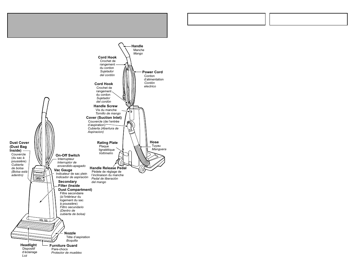 Degagement des obstructions, Quitar de los residuos de basura en los conductos, Parts identification | Nomenclature identificación de piezas, Vac gauge full | Panasonic MC-V5239 User Manual | Page 35 / 44