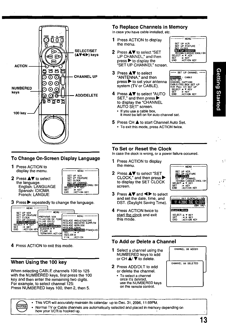 To change on-screen display language, When using the 100 key, To replace channels in memory | To set or reset the clock, To add or delete a channel | Panasonic OMNIVISION PV-8660 User Manual | Page 13 / 40