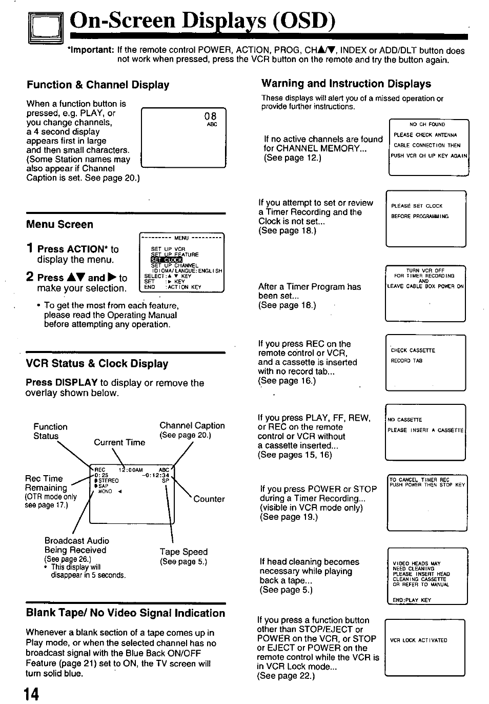 On-screei^isglay^osd), Function & channel display, Menu screen | Vcr status & clock display, Blank tape/ no video signal indication, Warning and instruction displays | Panasonic OMNIVISION PV-8660 User Manual | Page 14 / 40