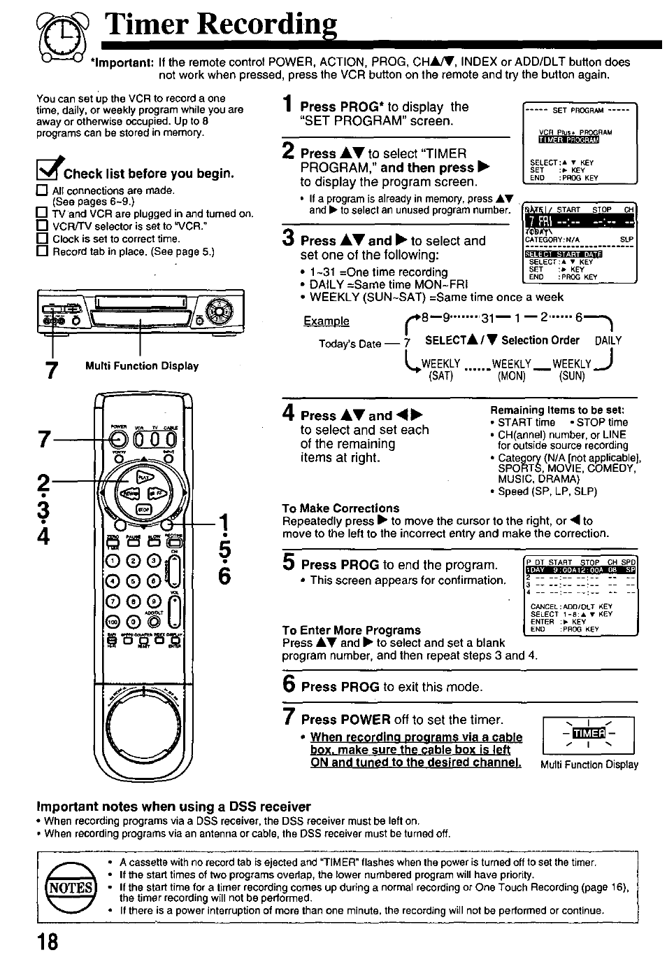 Timer recording, Check list before you begin, Press at and | Important notes when using a dss receiver | Panasonic OMNIVISION PV-8660 User Manual | Page 18 / 40