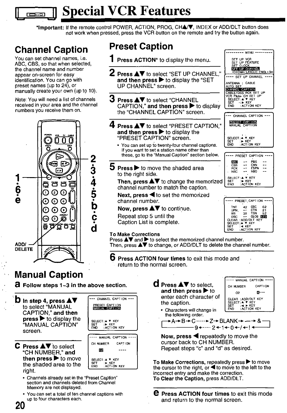 Iji special vcr features, Channel caption, Preset caption | 1 press action* to display the menu, Now, press at to continue, Manual caption, 3 follow steps 1-3 in the above section, In step 4, press at, Press at to select, and then press ^ to, Preset caption 1 | Panasonic OMNIVISION PV-8660 User Manual | Page 20 / 40