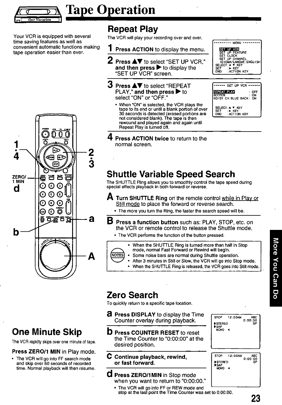 Л (у ь а таре operation, Repeat play, Play,” and then press ► to | Shuttle variable speed search, One minute skip, Press zero/1 min in play mode, Zero search, C continue playback, rewind, or fast forward | Panasonic OMNIVISION PV-8660 User Manual | Page 23 / 40