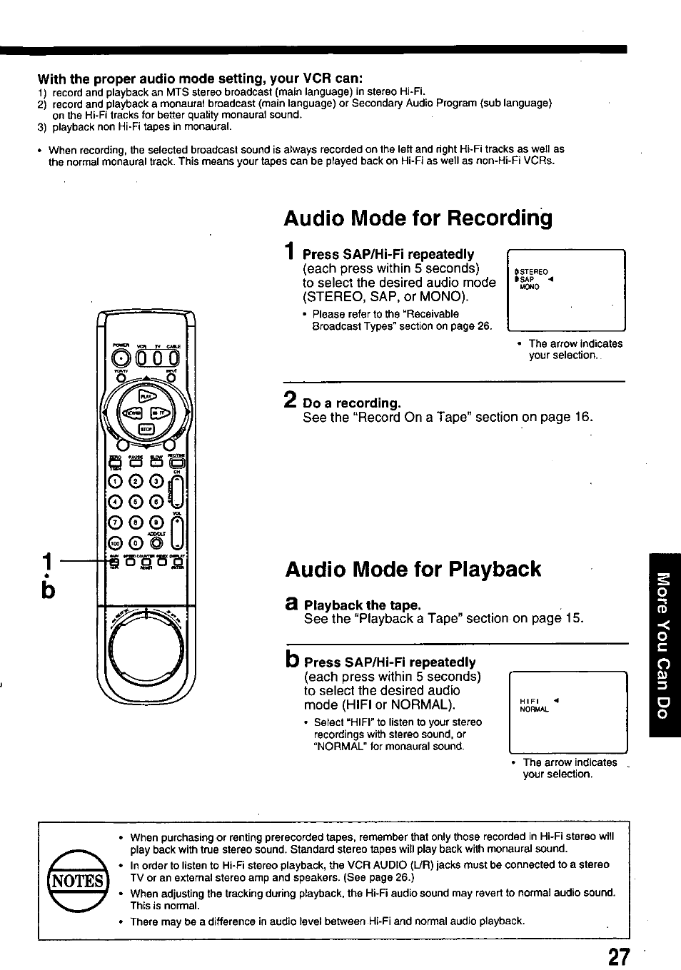 With the proper audio mode setting, your vcr can, Audio mode for recording 1, Press sap/hi-pi repeatedly | 2 do a recording, Audio mode for playback, 3 playback the tape, Press sap/hi-fi repeatedly, Audio mode for recording | Panasonic OMNIVISION PV-8660 User Manual | Page 27 / 40