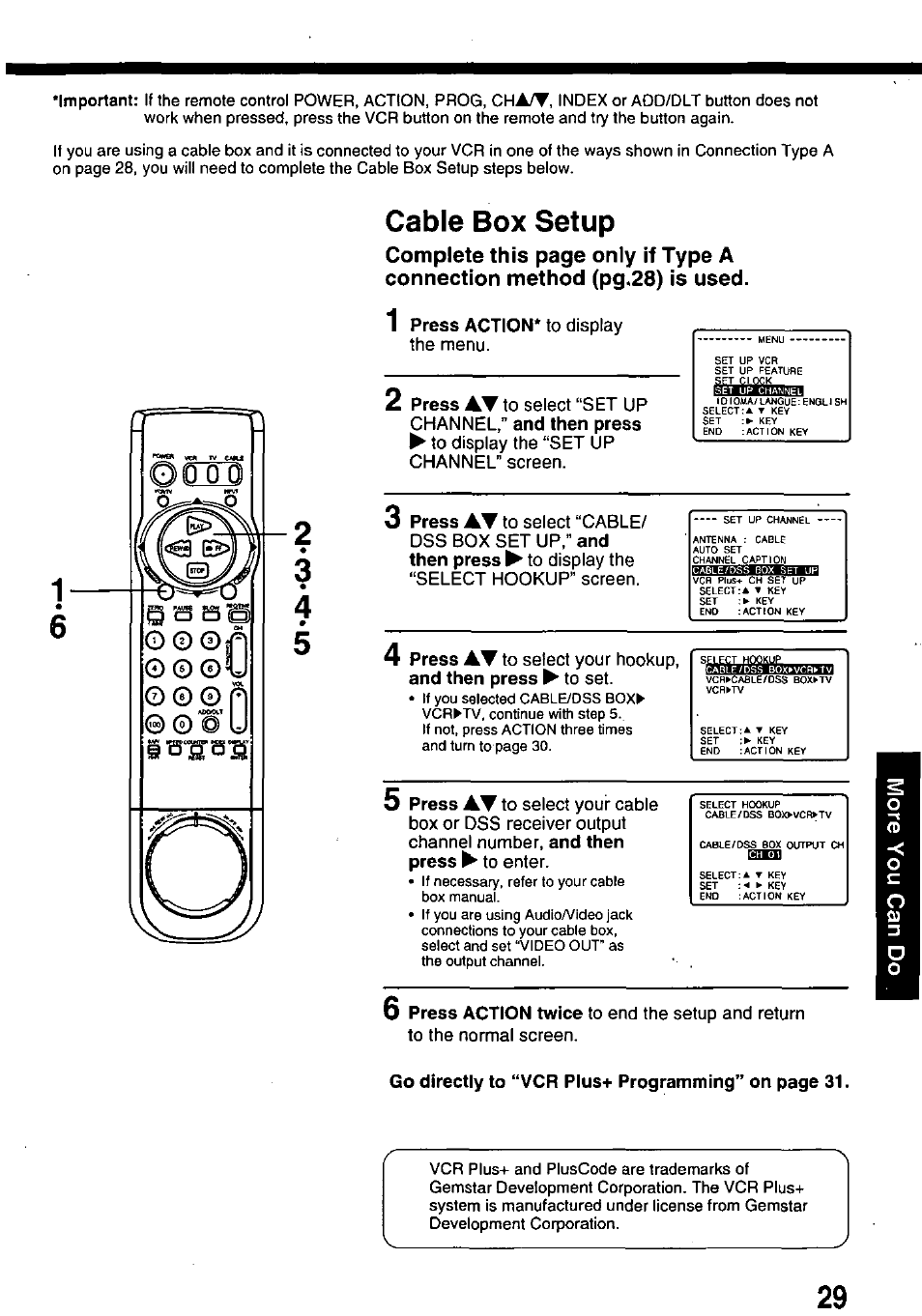 Cable box setup, 1 press action* to display, 5cable box setup | Panasonic OMNIVISION PV-8660 User Manual | Page 29 / 40