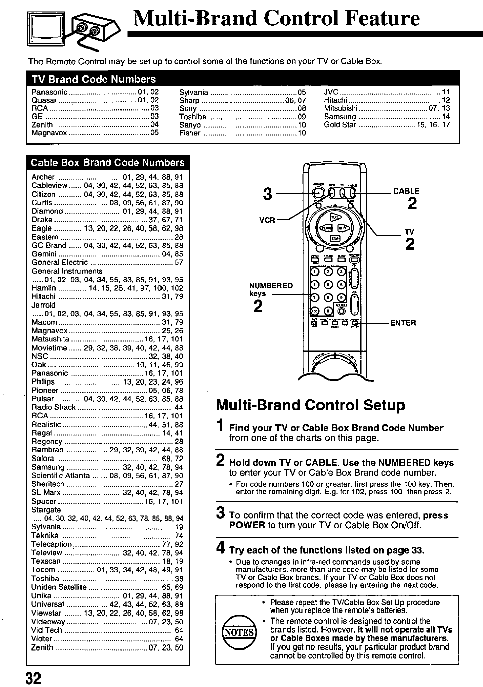 Multi-brand control feature, Multi-brand control setup 1, Tv brand code numbers | Panasonic OMNIVISION PV-8660 User Manual | Page 32 / 40