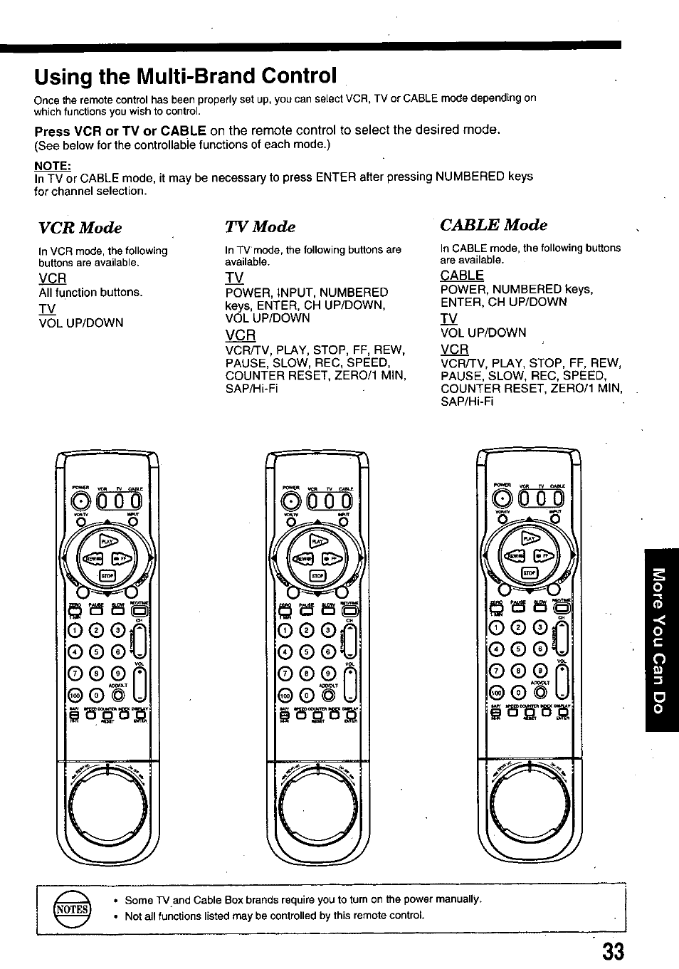 Using the multi-brand control, O © © u, Vcr mode | Tv mode, Cable mode | Panasonic OMNIVISION PV-8660 User Manual | Page 33 / 40