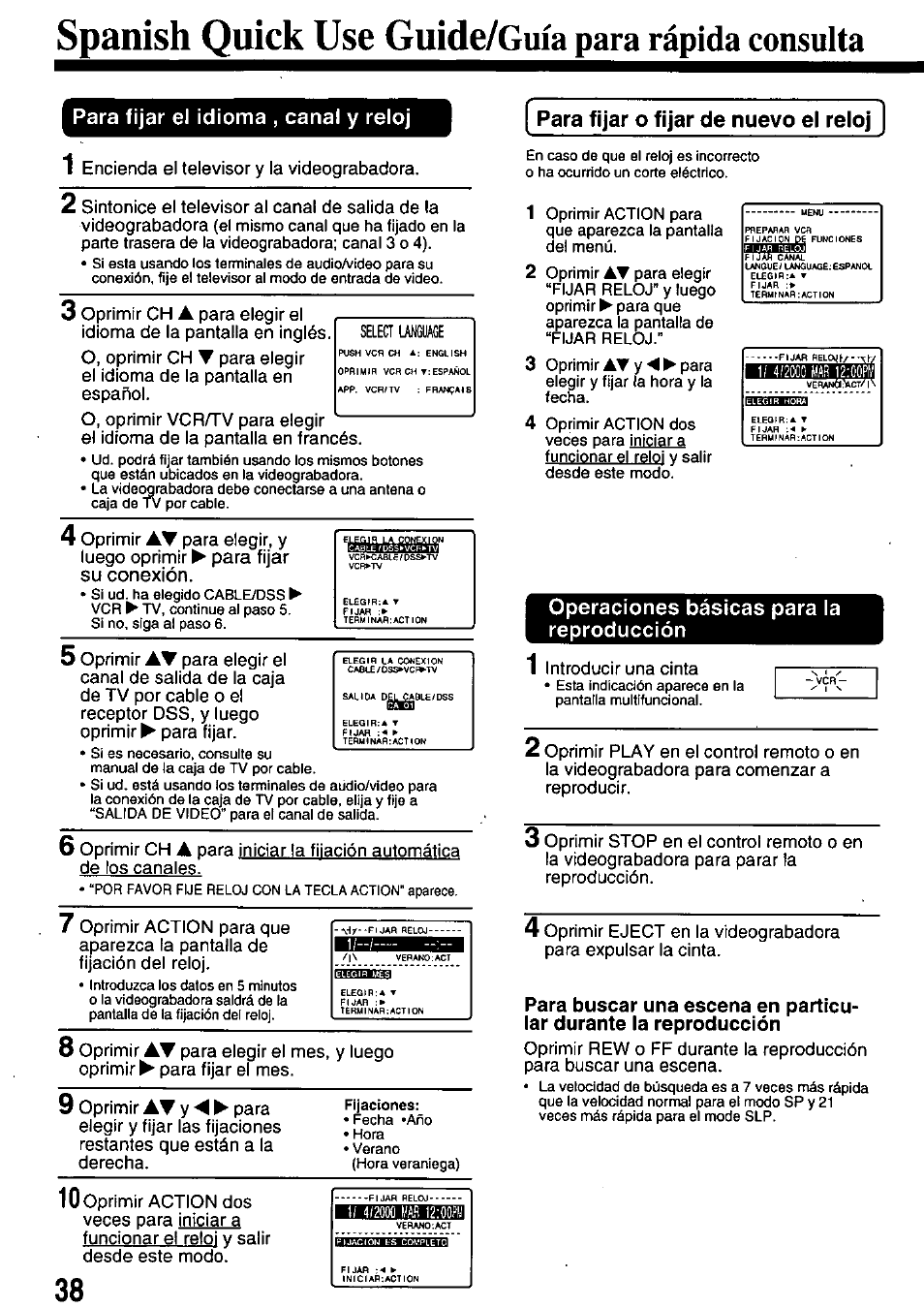 Spanish quick use guide/guia para rápida consulta, Para fijar el idioma , canal y reloj, Operaciones básicas para la reproducción | Spanish quick use, Guide/guia para rápida consulta | Panasonic OMNIVISION PV-8660 User Manual | Page 38 / 40