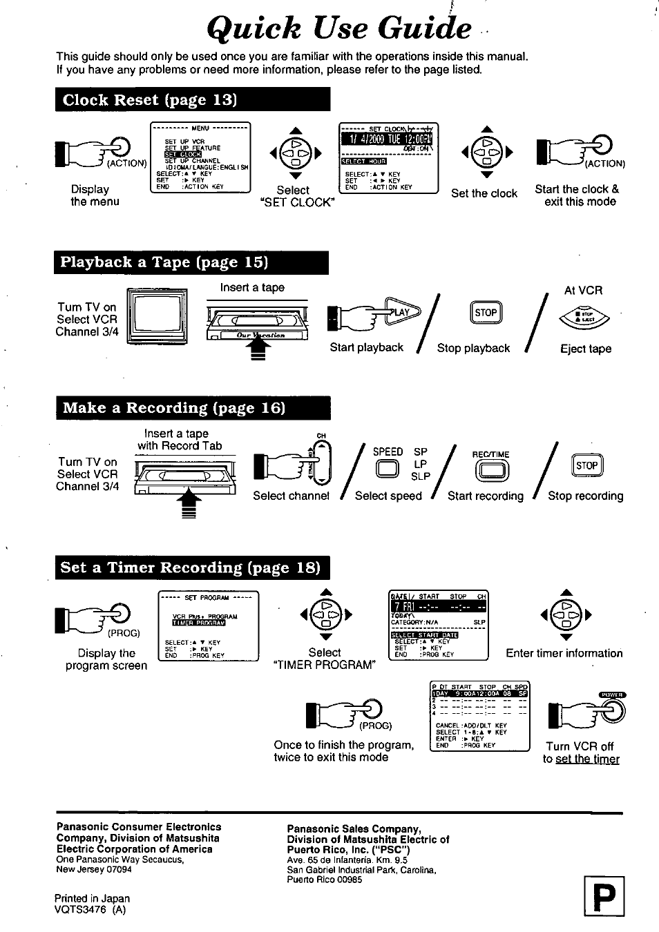 Quick use guide, Lotj / o sv; / o, Clock reset (page 13) | Playback a tape (page 15), Make a recording (page 16), Set a timer recording (page 18) | Panasonic OMNIVISION PV-8660 User Manual | Page 40 / 40