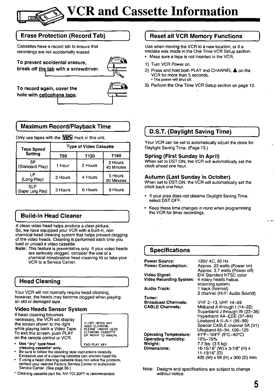 Vcr and cassette information, Erase protection (record tab), Reset all vcr memory functions | Maximum record/playback time, Head cleaning, Video heads sensor system, D.s.t. (daylight saving time), Spring (first sunday in april), Autumn (last sunday in october), Specifications | Panasonic OMNIVISION PV-8660 User Manual | Page 5 / 40