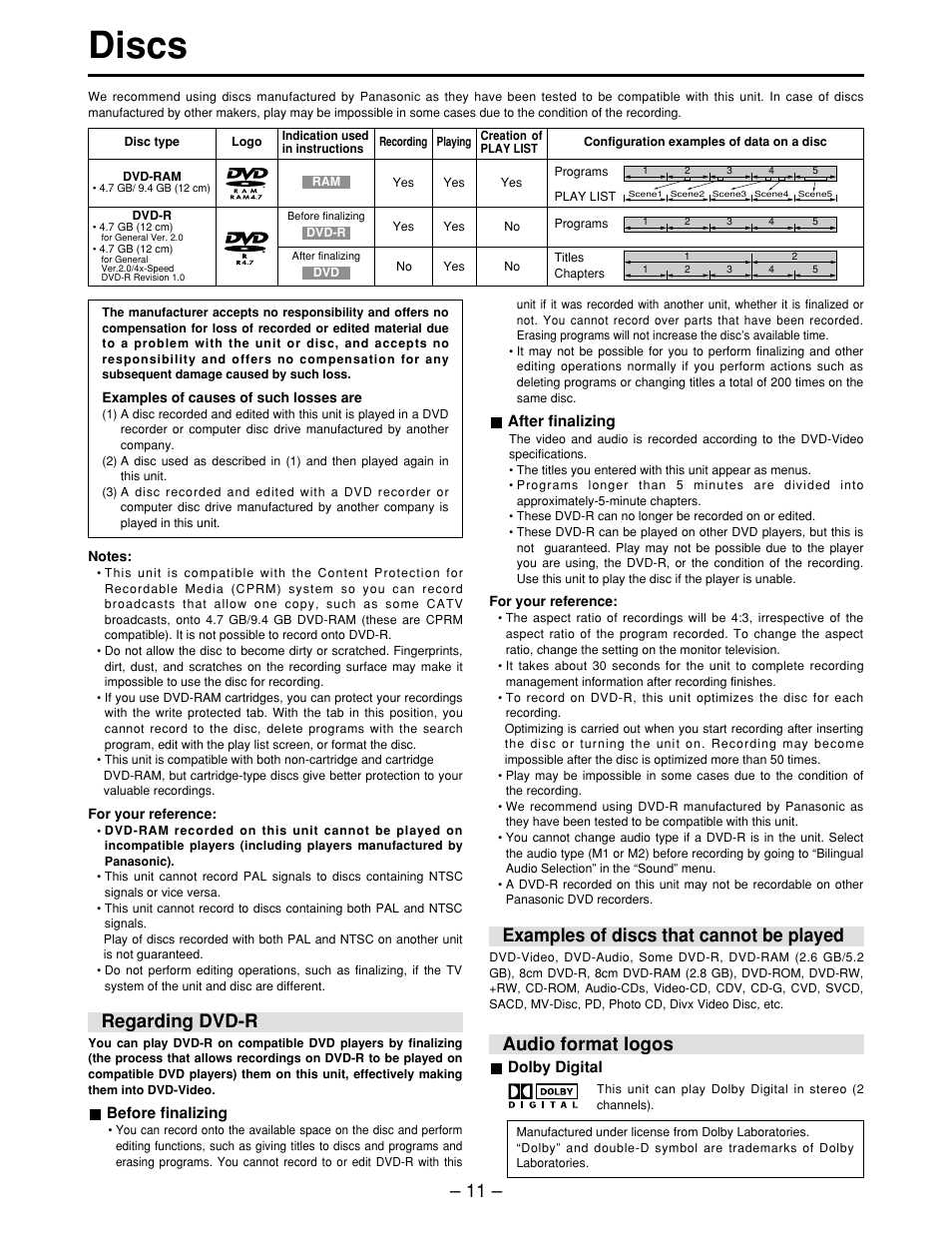 Discs, Regarding dvd-r, Examples of discs that cannot be played | Audio format logos | Panasonic LQ-MD800P User Manual | Page 11 / 44