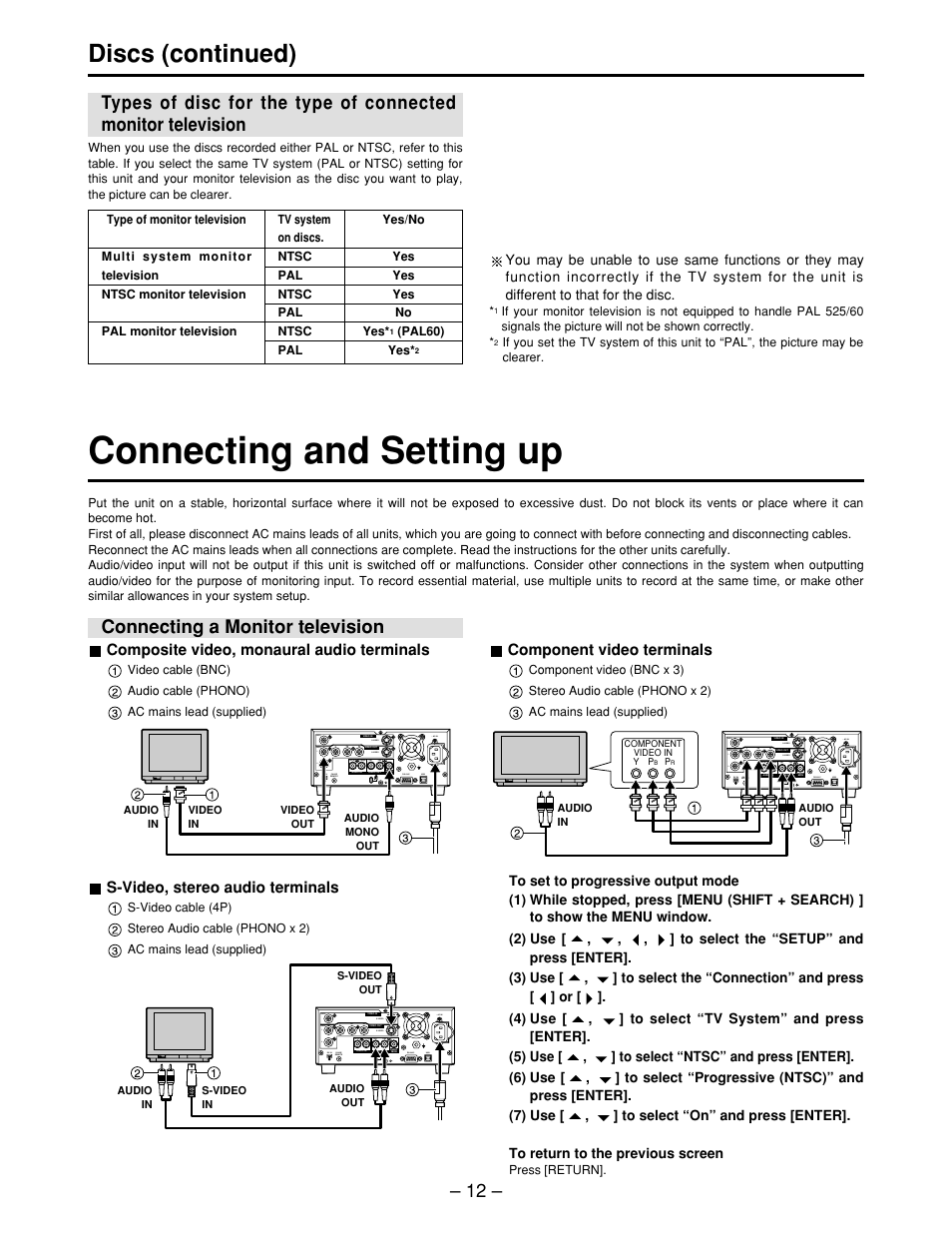 Connecting and setting up, Discs (continued), Connecting a monitor television | Panasonic LQ-MD800P User Manual | Page 12 / 44