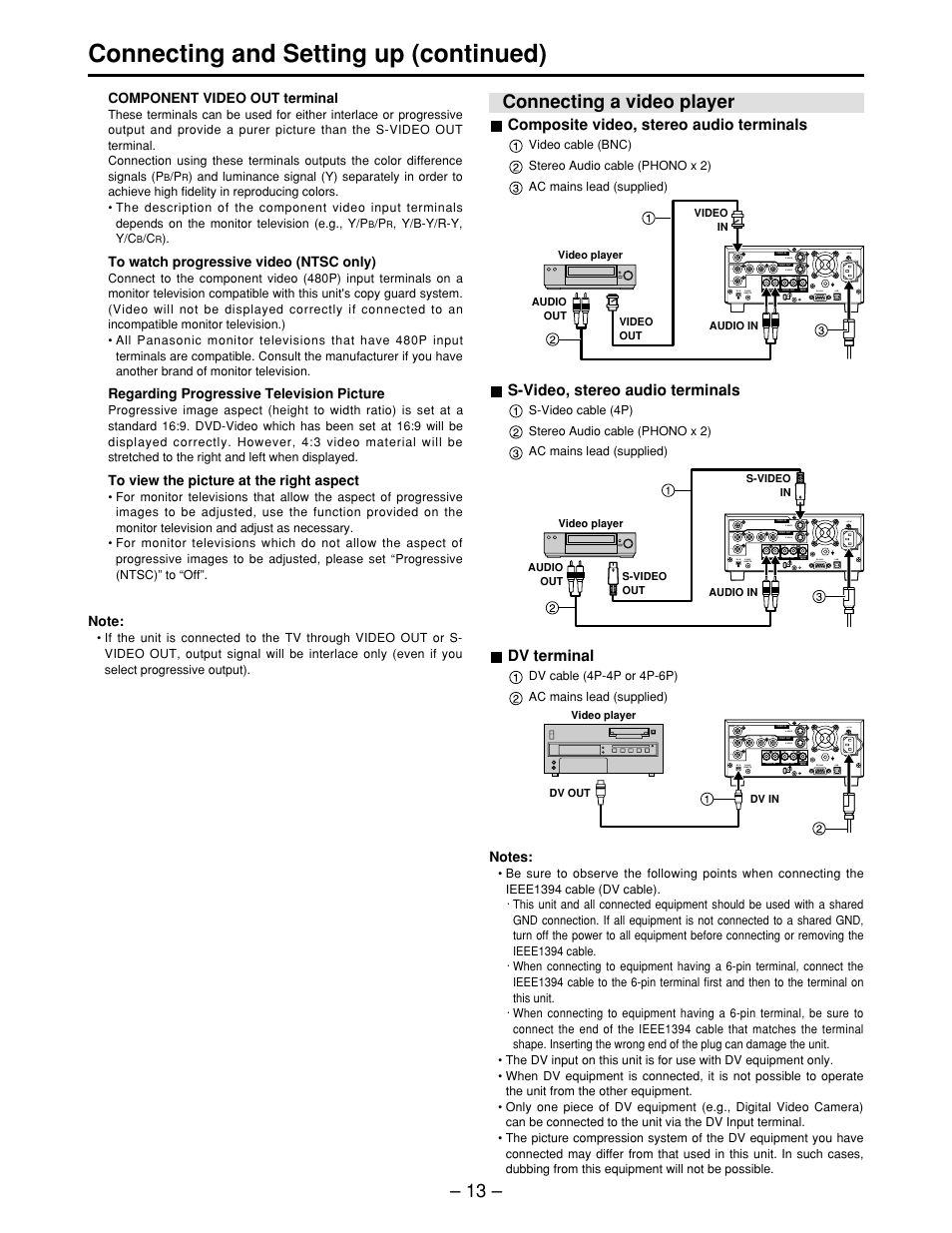 Connecting and setting up (continued), Connecting a video player, Dv terminal | S-video, stereo audio terminals, Composite video, stereo audio terminals | Panasonic LQ-MD800P User Manual | Page 13 / 44