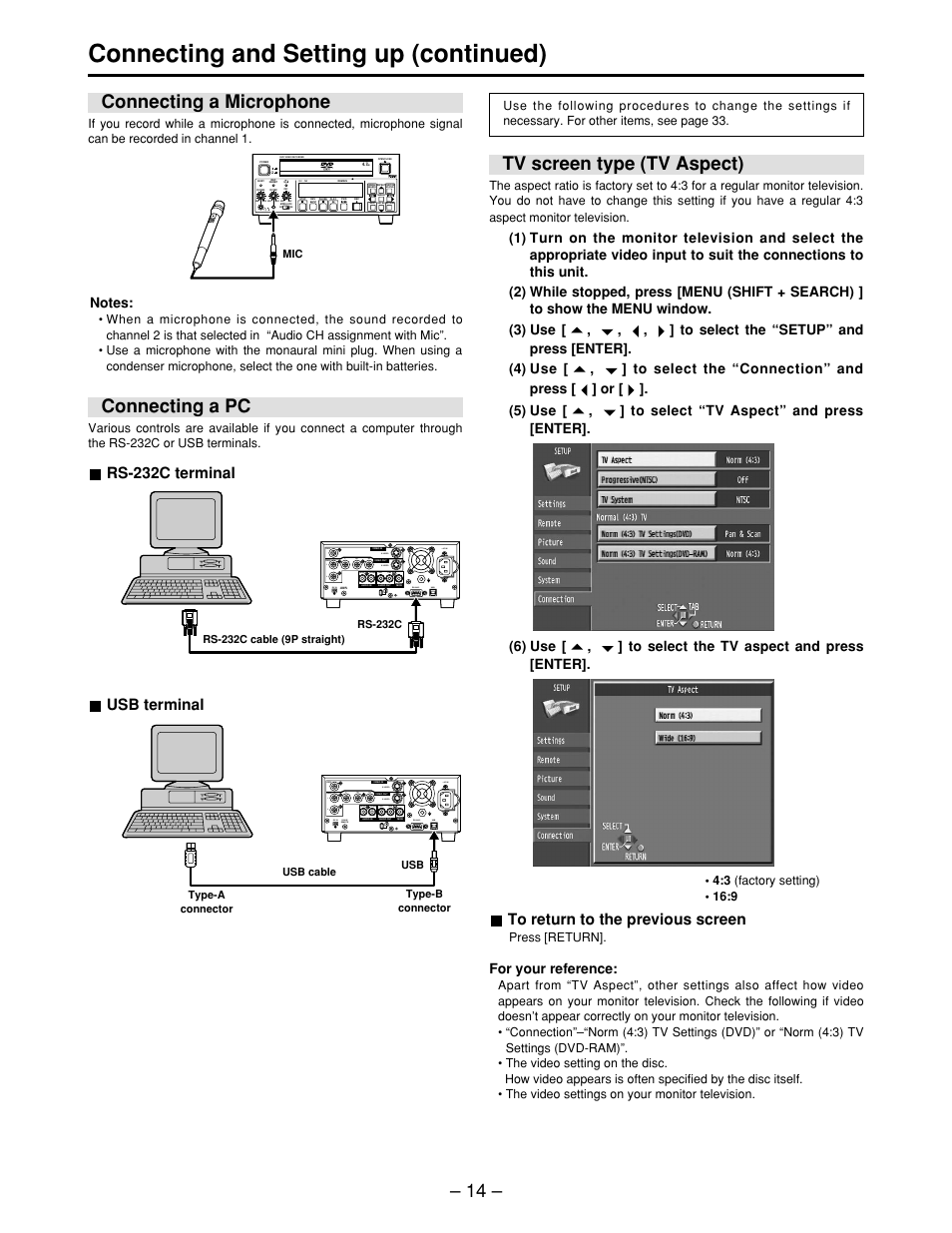 Connecting and setting up (continued), Connecting a microphone, Connecting a pc | Tv screen type (tv aspect), Rs-232c terminal, Usb terminal, For your reference, Video | Panasonic LQ-MD800P User Manual | Page 14 / 44