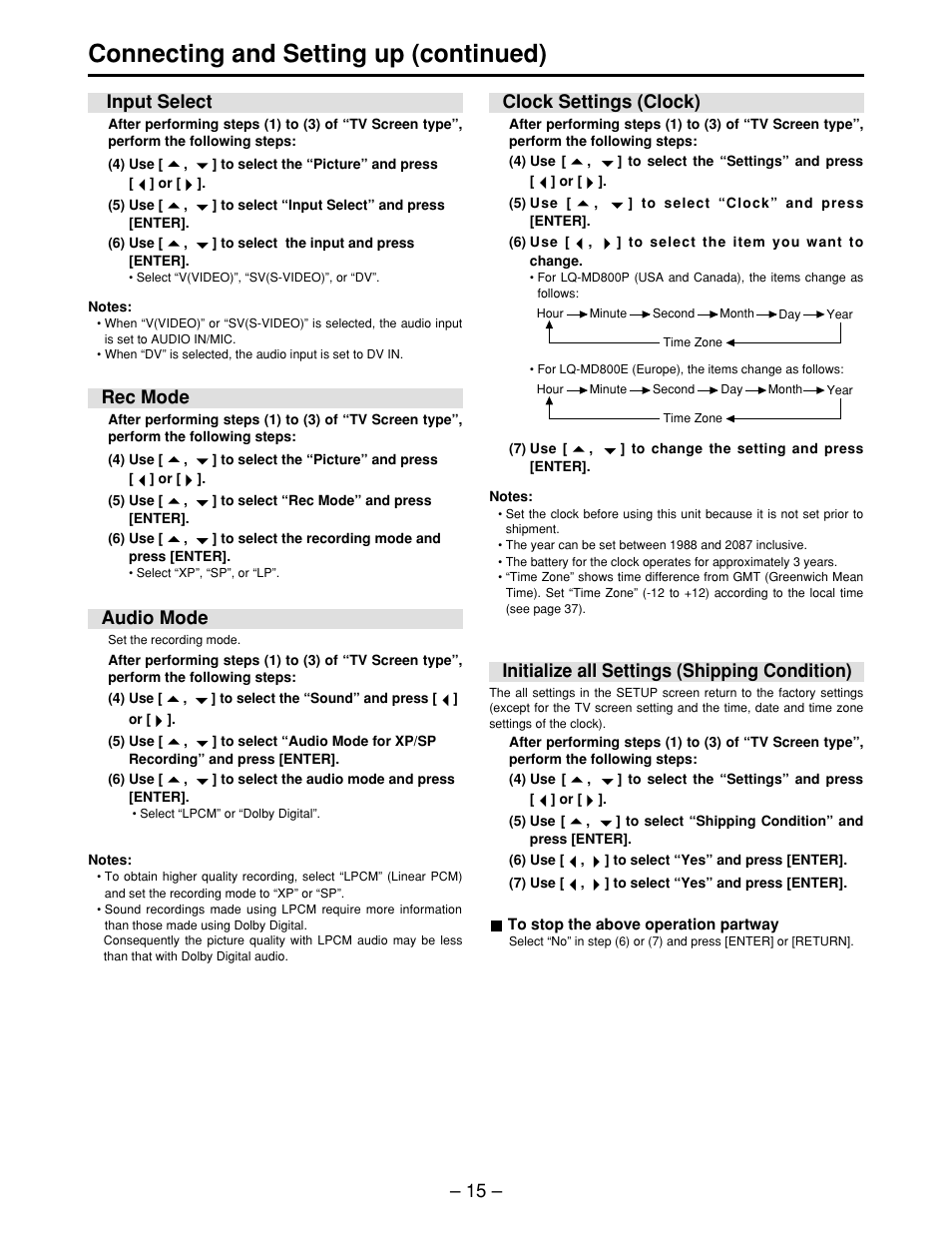 Connecting and setting up (continued), Input select, Clock settings (clock) | Rec mode, Initialize all settings (shipping condition), Audio mode | Panasonic LQ-MD800P User Manual | Page 15 / 44