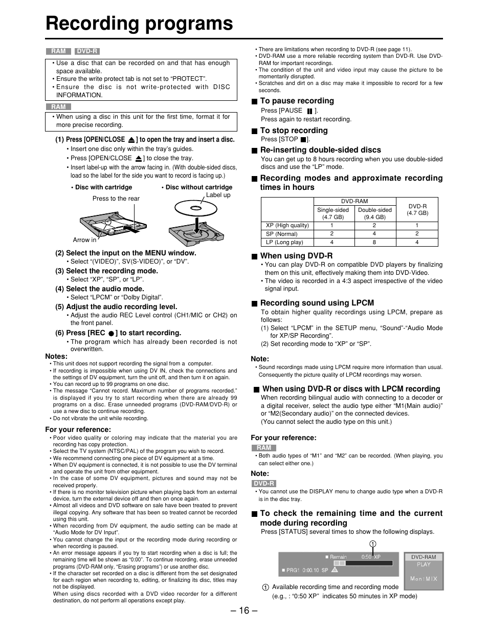 Recording programs | Panasonic LQ-MD800P User Manual | Page 16 / 44