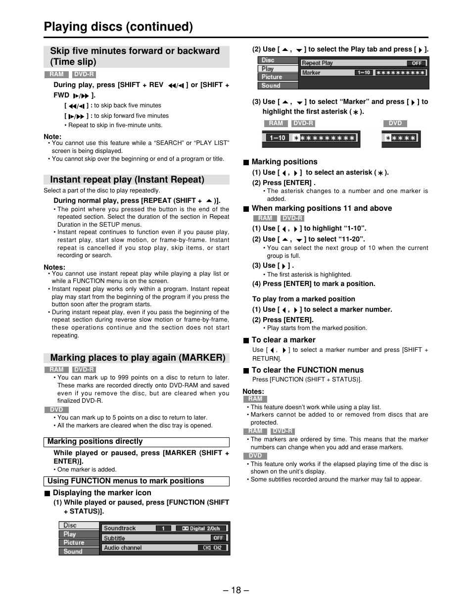 Skip five minutes forward or backward (time slip), Instant repeat play (instant repeat), Marking places to play again (marker) | Skip five minutes forward or backward, Time slip), Playing discs (continued) | Panasonic LQ-MD800P User Manual | Page 18 / 44