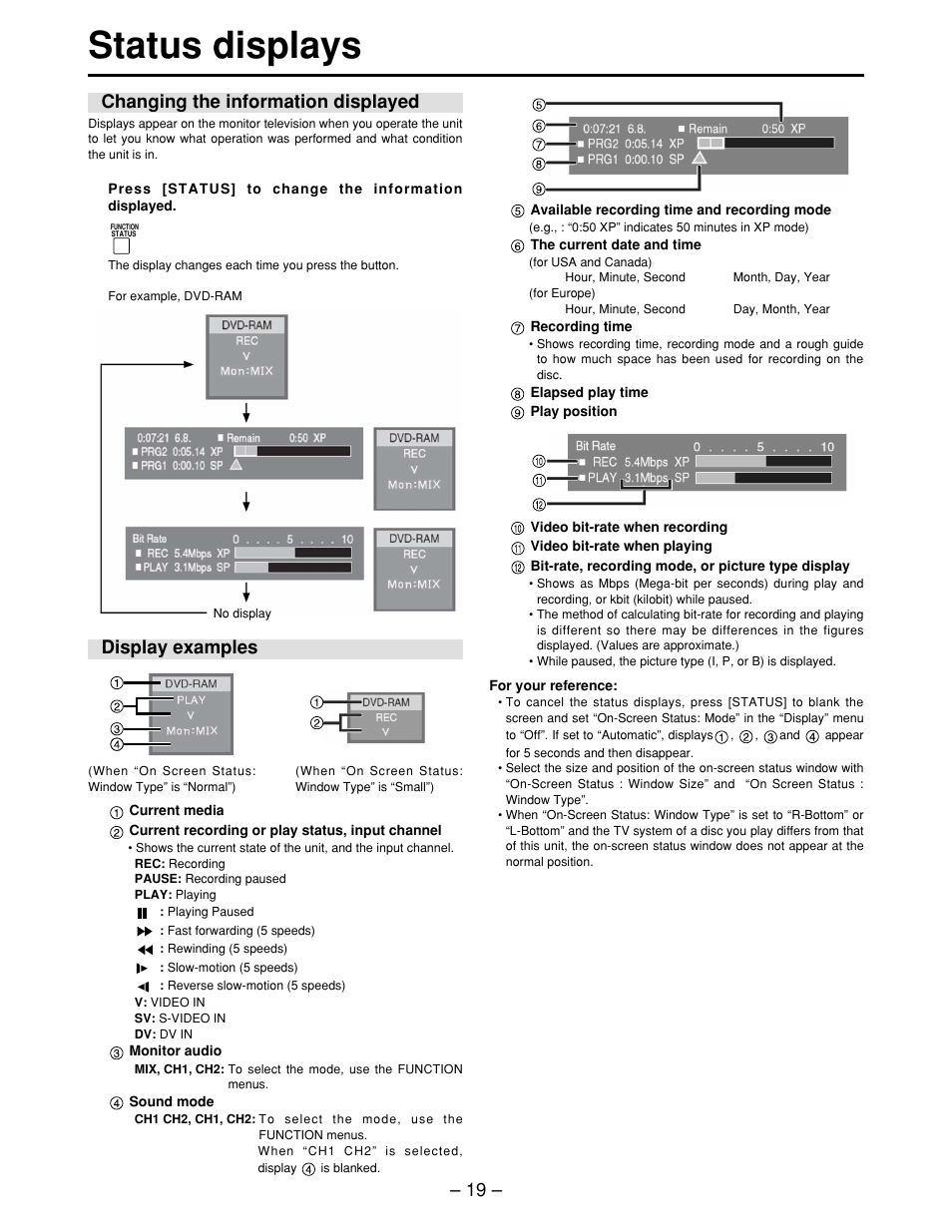 Status displays, Changing the information displayed, Display examples | Display examples – 19 | Panasonic LQ-MD800P User Manual | Page 19 / 44