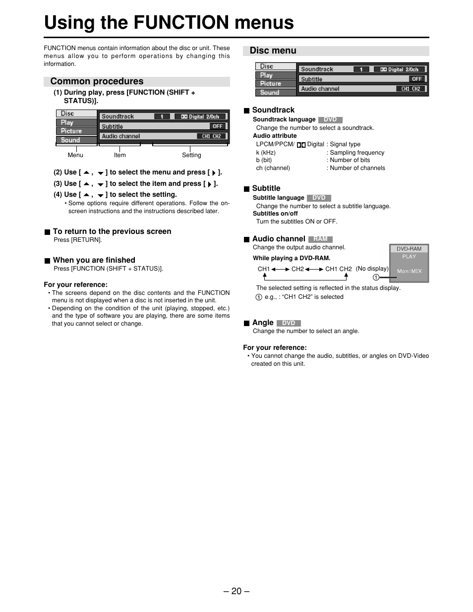 Using the function menus, Common procedures, Disc menu | Common procedures • disc menu, Common procedures disc menu | Panasonic LQ-MD800P User Manual | Page 20 / 44