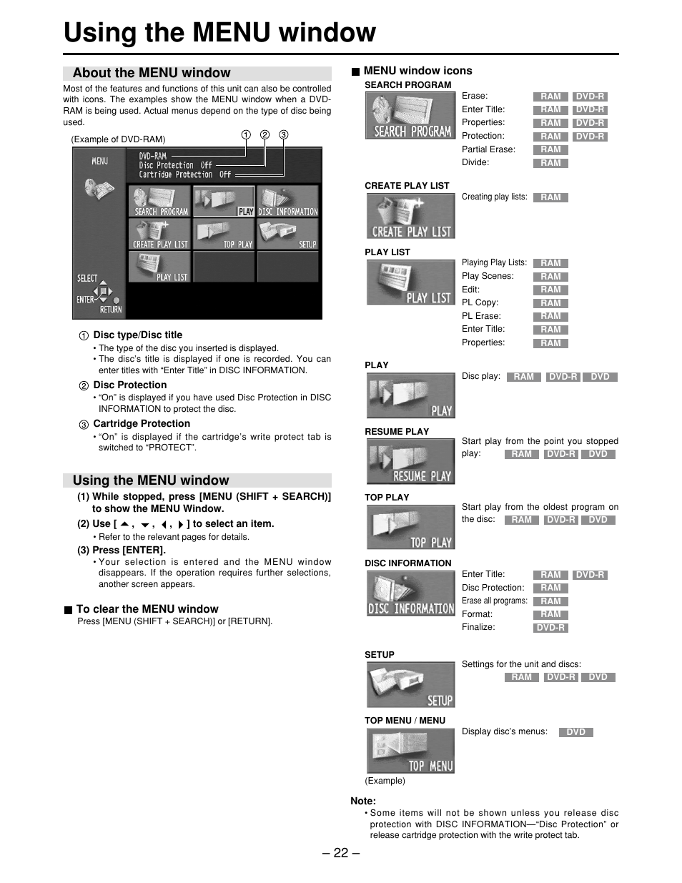 Using the menu window, About the menu window, About the menu window • using the menu window | Panasonic LQ-MD800P User Manual | Page 22 / 44