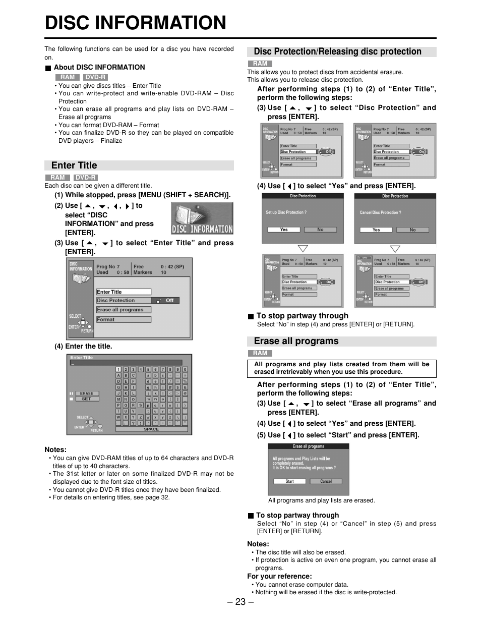 Disc information, Enter title, Disc protection/releasing disc protection | Erase all programs | Panasonic LQ-MD800P User Manual | Page 23 / 44