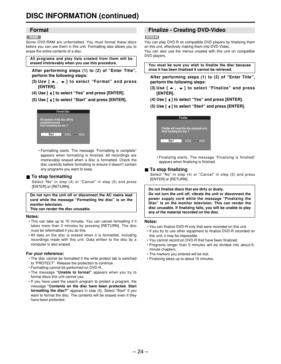 Format, Finalize - creating dvd-video, Format • finalize – creating dvd-video | Disc information (continued) | Panasonic LQ-MD800P User Manual | Page 24 / 44