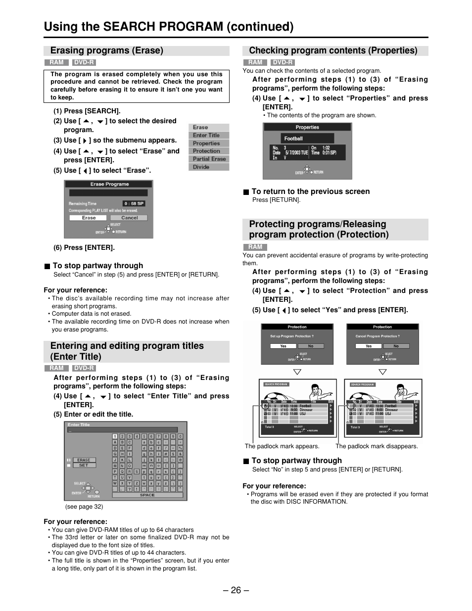 Erasing programs (erase), Entering and editing program titles (enter title), Checking program contents (properties) | Program protection (protection), Using the search program (continued) | Panasonic LQ-MD800P User Manual | Page 26 / 44