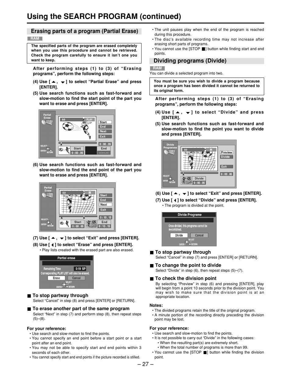 Erasing parts of a program (partial erase), Dividing programs (divide), Using the search program (continued) | Dividing programs (divide) – 27 | Panasonic LQ-MD800P User Manual | Page 27 / 44